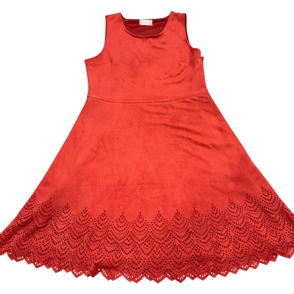 Fall Vibes Rust Orange Faux Suede Eyelet Scallop Hem Dress Altar'd State